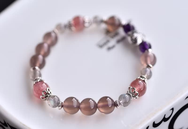 煙燻紫玉髓+紫水晶+草莓晶+拉長石純銀花朵手鍊