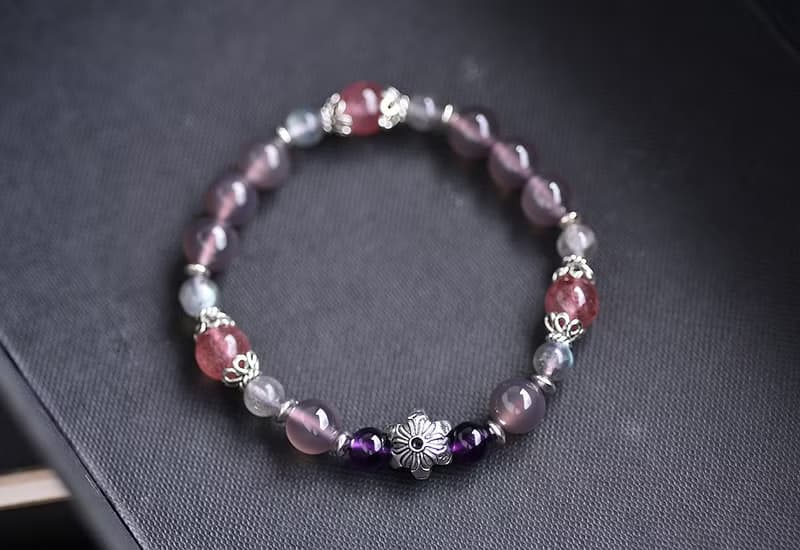 煙燻紫玉髓+紫水晶+草莓晶+拉長石純銀花朵手鍊