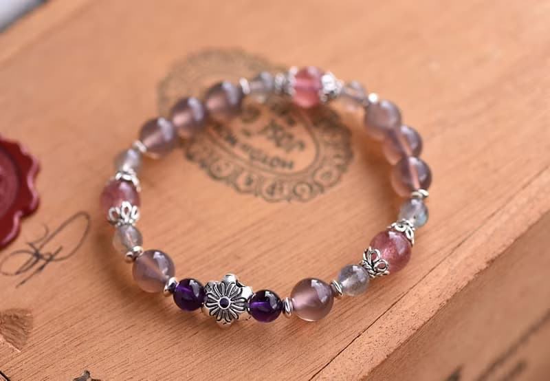 煙燻紫玉髓+紫水晶+草莓晶+拉長石純銀花朵手鍊
