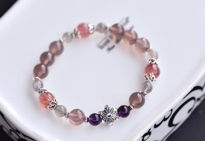 煙燻紫玉髓+紫水晶+草莓晶+拉長石純銀花朵手鍊