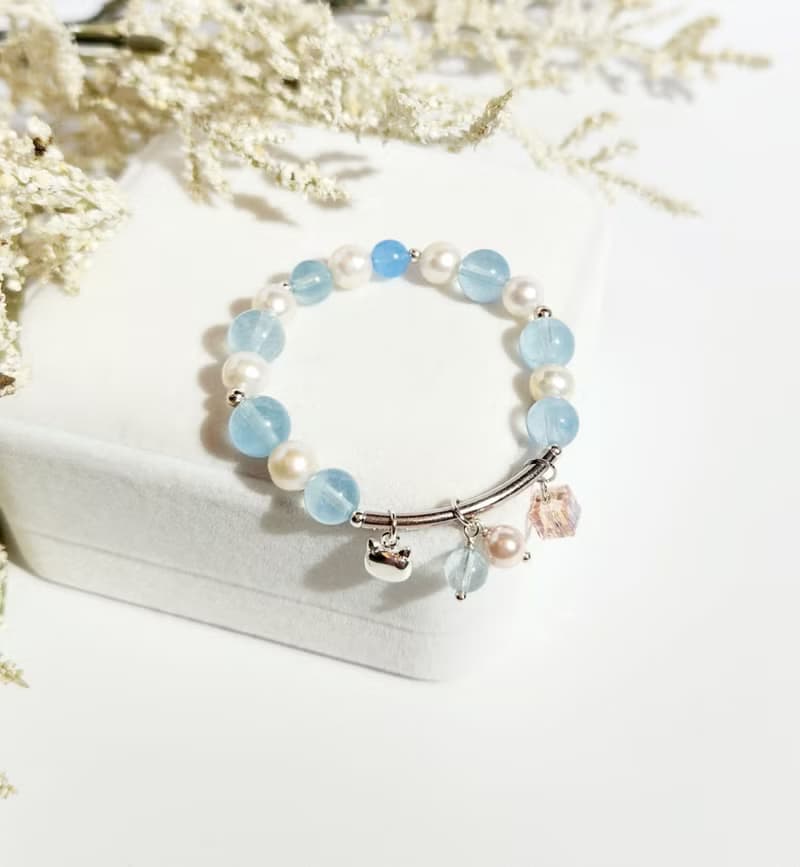 氣質清新 - 天然海藍寶/白珍珠水晶手鍊