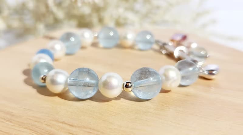 氣質清新 - 天然海藍寶/白珍珠水晶手鍊
