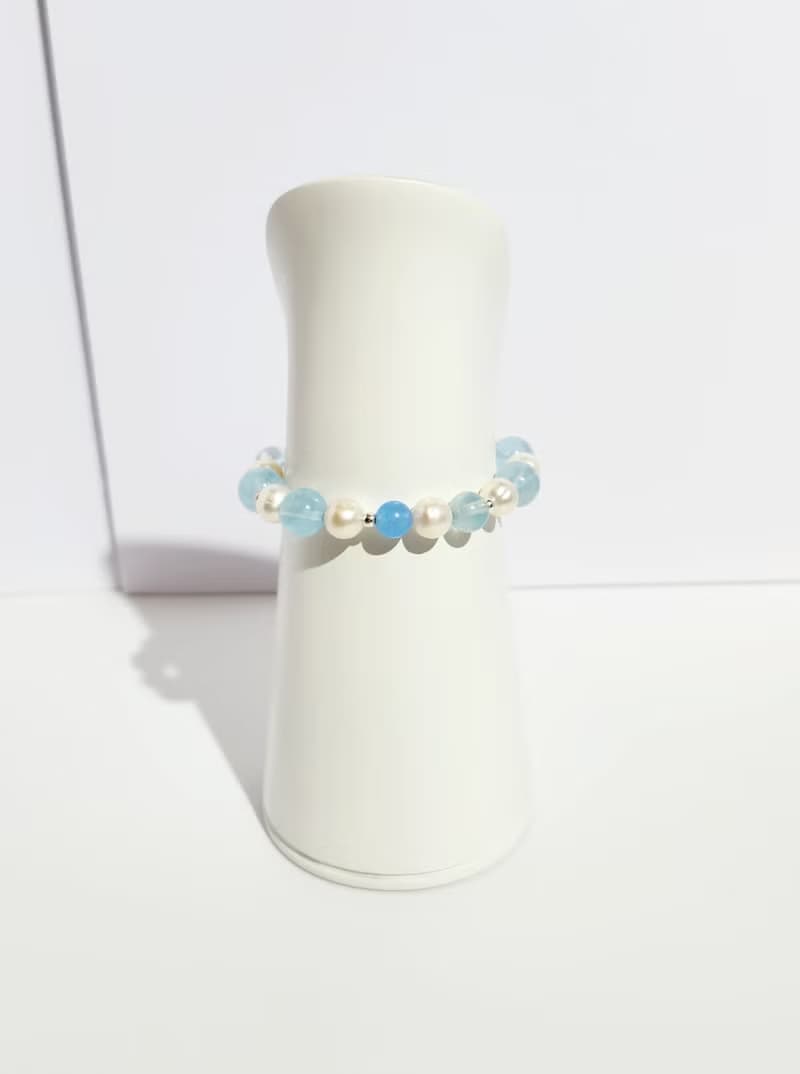 氣質清新 - 天然海藍寶/白珍珠水晶手鍊