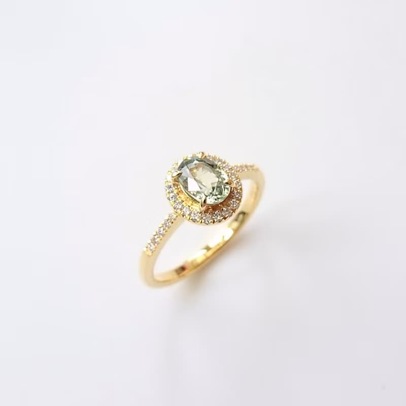 限量現貨 - 天然橢圓復古綠色剛玉微鑲鑽石純 18K 黃金戒指 JSR18