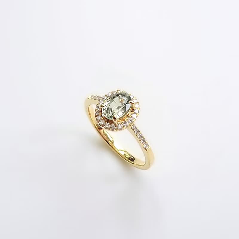 限量現貨 - 天然橢圓復古綠色剛玉微鑲鑽石純 18K 黃金戒指 JSR18