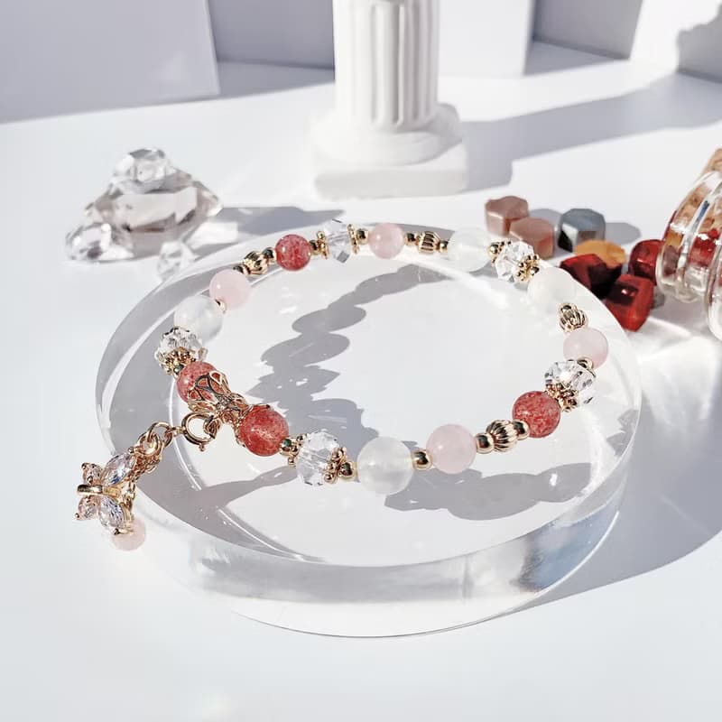 草莓晶 粉晶 月光石 白水晶 14k包金 天然水晶手鍊