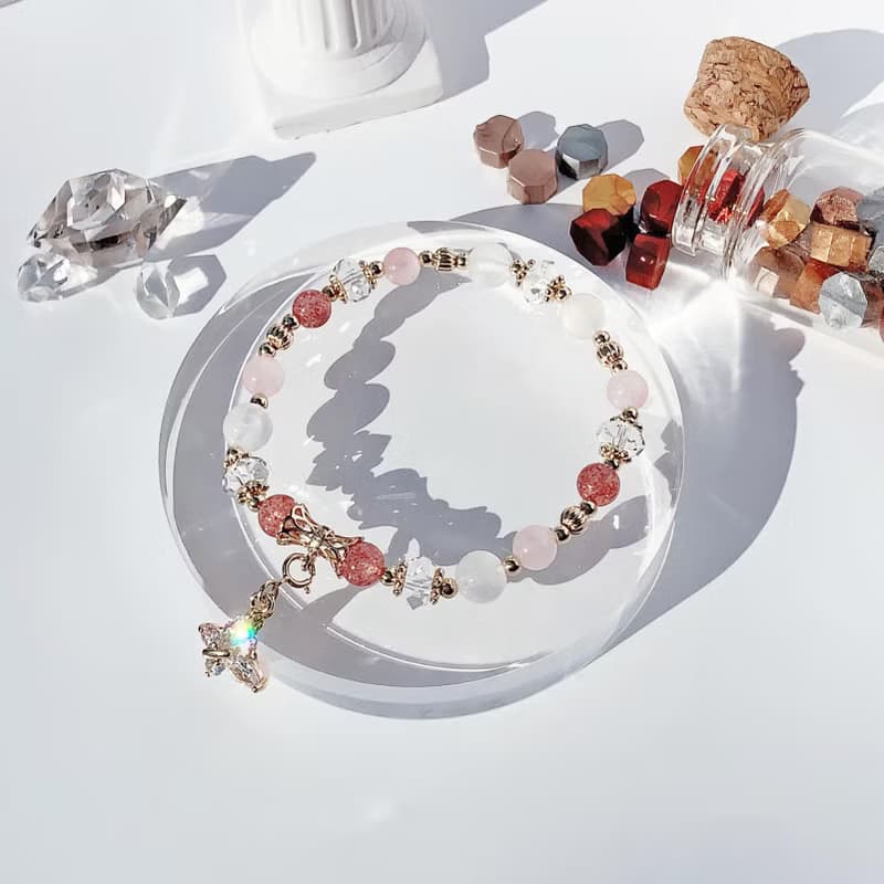 草莓晶 粉晶 月光石 白水晶 14k包金 天然水晶手鍊