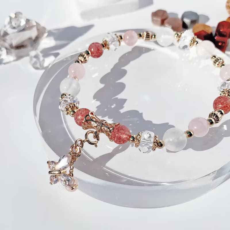 草莓晶 粉晶 月光石 白水晶 14k包金 天然水晶手鍊