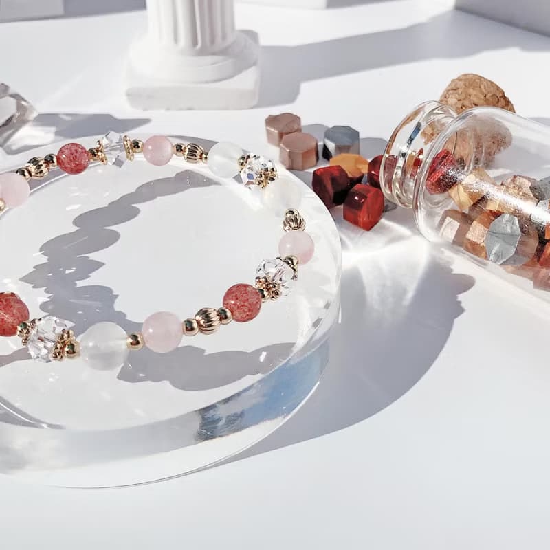 草莓晶 粉晶 月光石 白水晶 14k包金 天然水晶手鍊