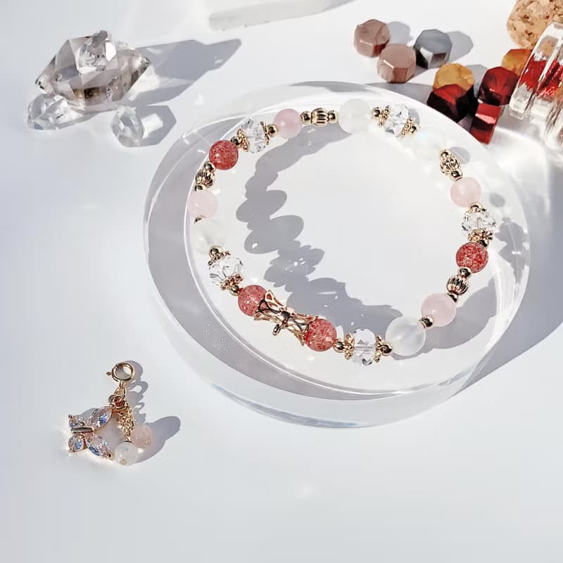 草莓晶 粉晶 月光石 白水晶 14k包金 天然水晶手鍊