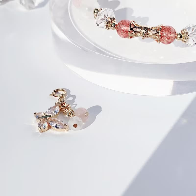 草莓晶 粉晶 月光石 白水晶 14k包金 天然水晶手鍊