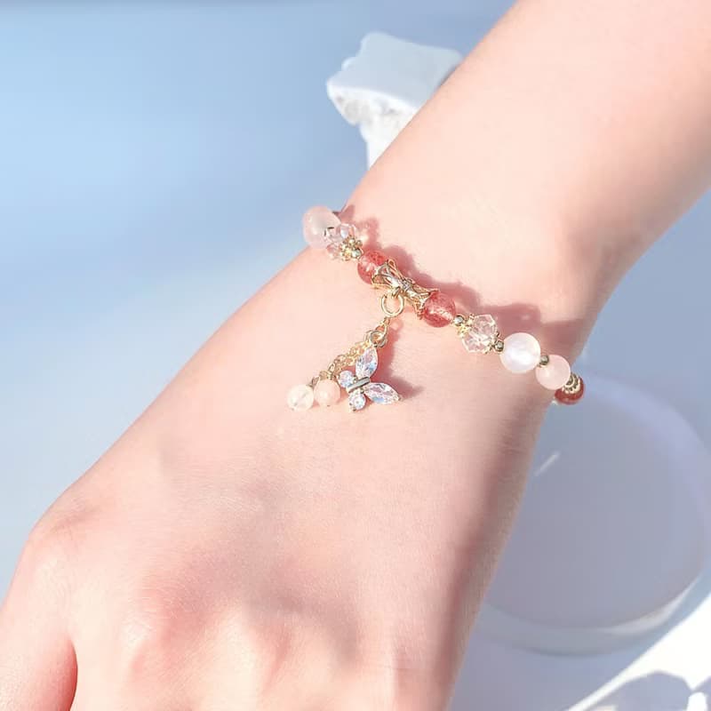 草莓晶 粉晶 月光石 白水晶 14k包金 天然水晶手鍊