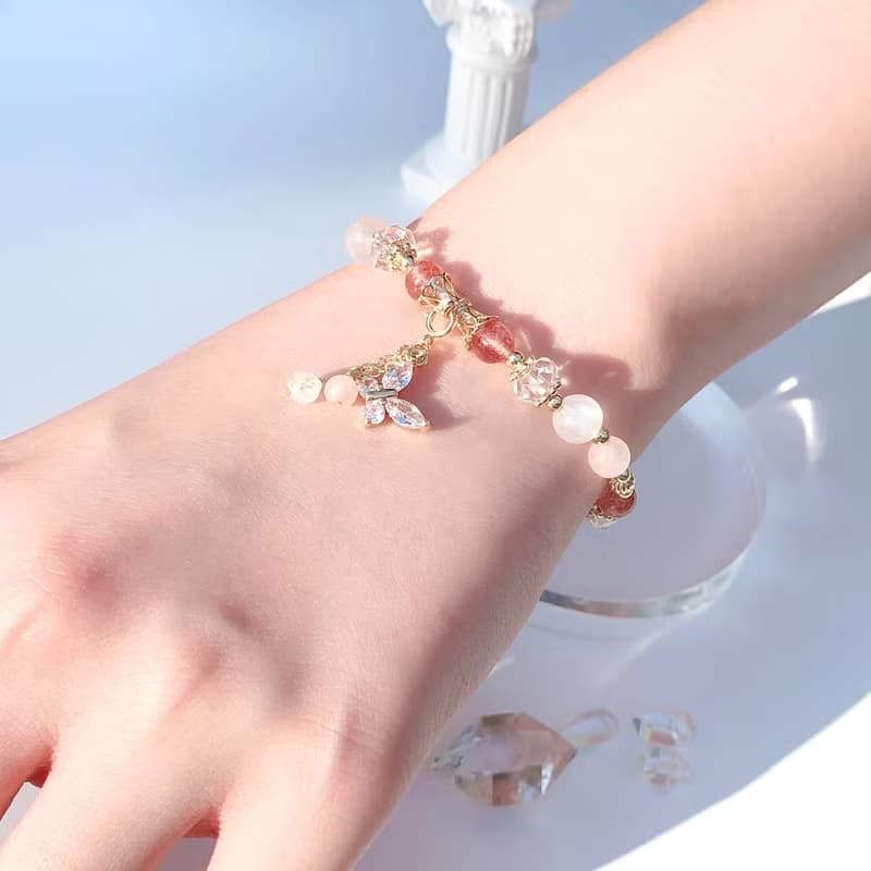 草莓晶 粉晶 月光石 白水晶 14k包金 天然水晶手鍊