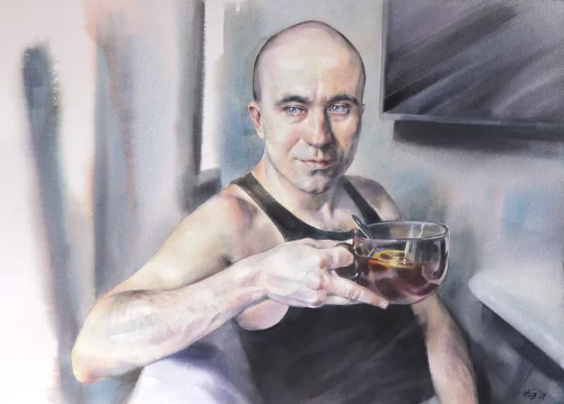 Custom original watercolor portrait painting by artist Irina Zhunaeva