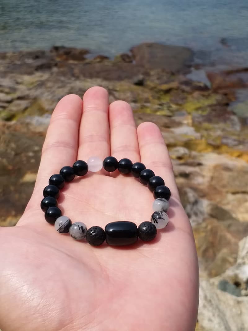 水晶【超強能量 】黑白瑪瑙. 黑髮晶. 火山石.黑曜石 手鍊