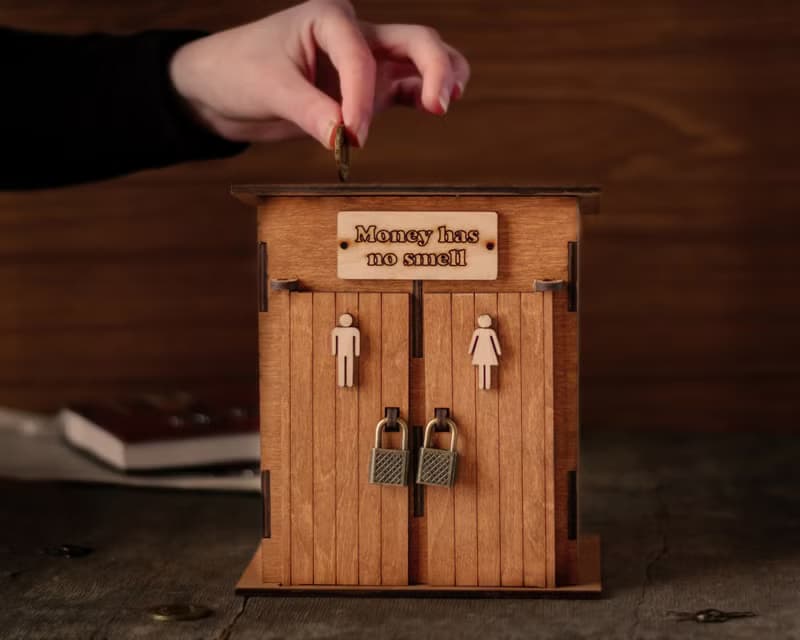 Personalized wooden piggy bank in a shape of a toilet Funny coin bank gift