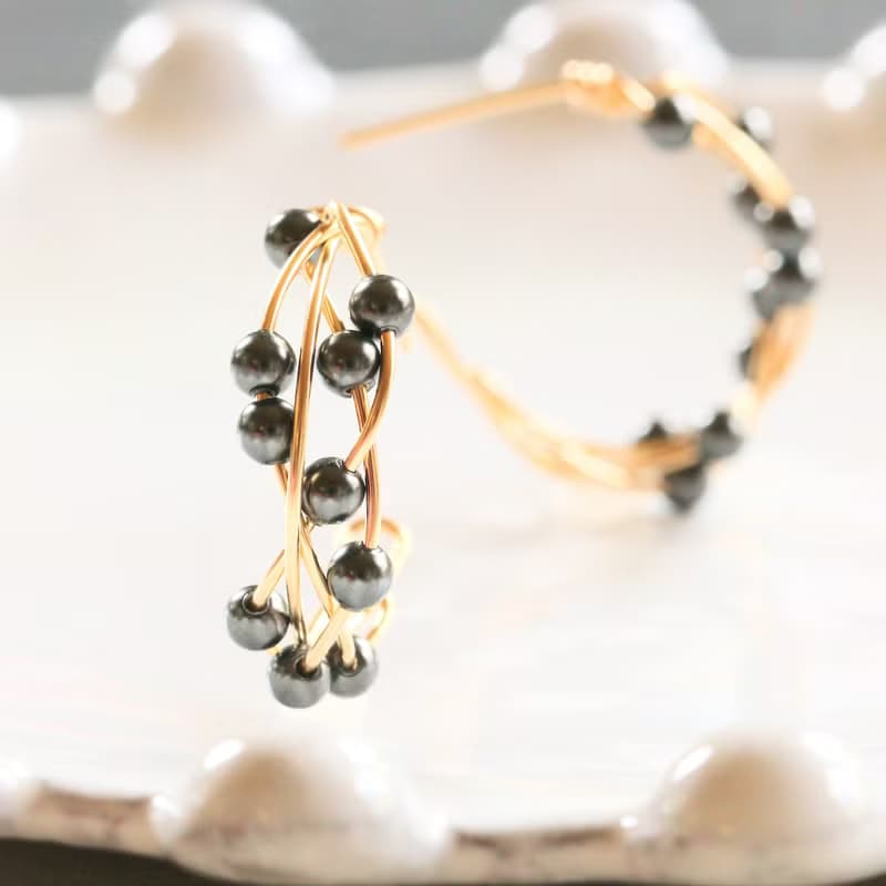 【受注製作】K14gf Swarovski Pearl Silver Black Twist  Pierced Earrings 【gift box】