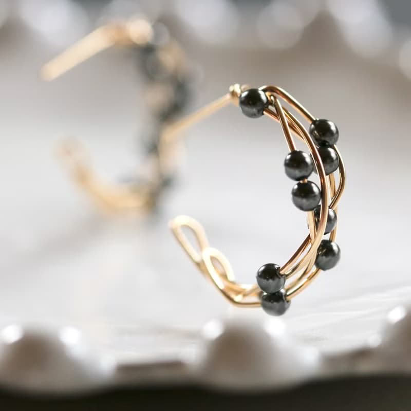 【受注製作】K14gf Swarovski Pearl Silver Black Twist  Pierced Earrings 【gift box】