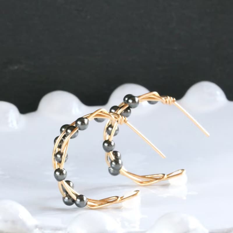 【受注製作】K14gf Swarovski Pearl Silver Black Twist  Pierced Earrings 【gift box】