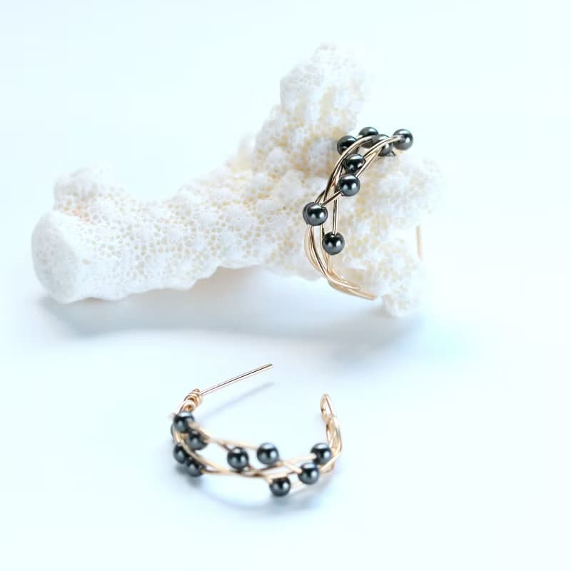 【受注製作】K14gf Swarovski Pearl Silver Black Twist  Pierced Earrings 【gift box】