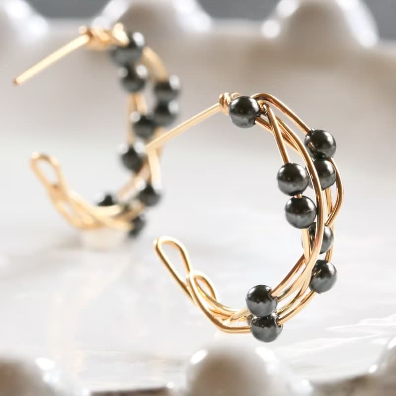 【受注製作】K14gf Swarovski Pearl Silver Black Twist  Pierced Earrings 【gift box】