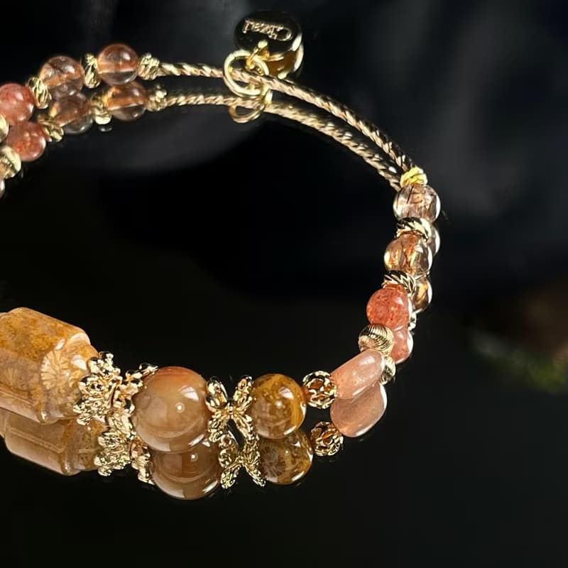 開運能量 珊瑚玉 太陽石 黑金超七 天然水晶手鏈