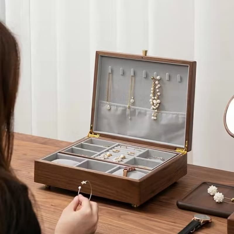 耳環飾品收納盒 首飾盒 黑胡桃木 雙層 大容量 可刻字 婚禮小物