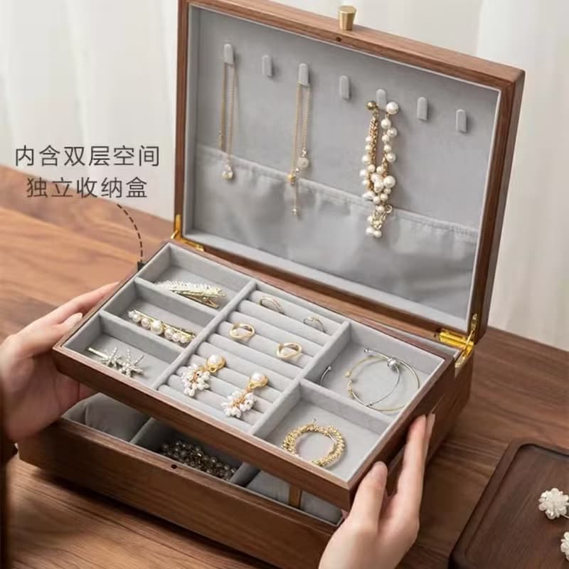 耳環飾品收納盒 首飾盒 黑胡桃木 雙層 大容量 可刻字 婚禮小物