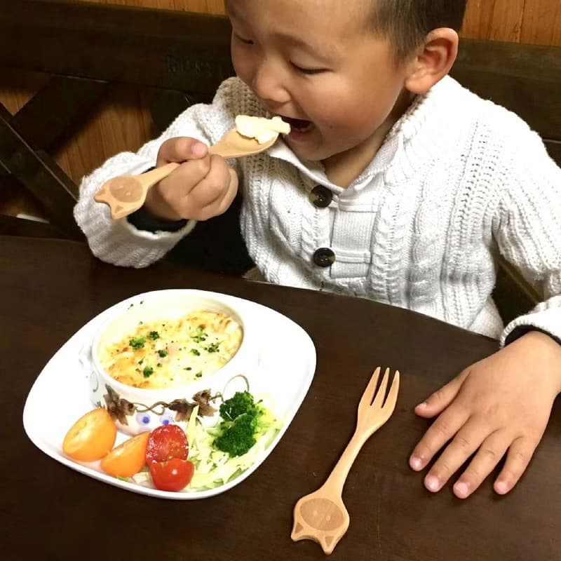 【SPICE】日本 PETIT'S MAMAN 兒童 天然木頭叉子&湯匙套組-汽車