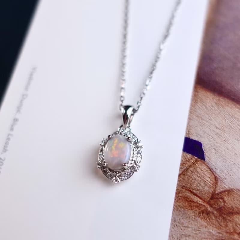 澳洲蛋白石 天然原礦 絕美油彩 純銀項鍊 宮廷風設計 禮物首選