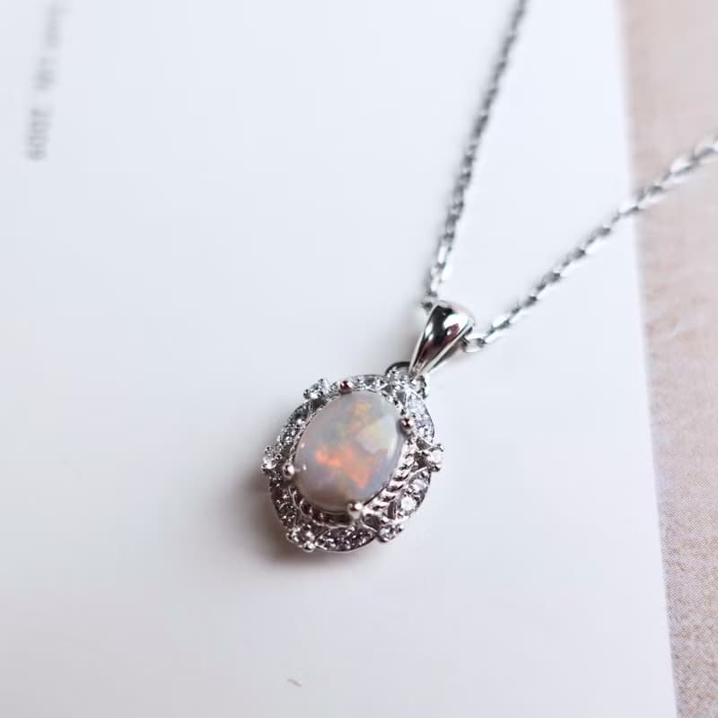 澳洲蛋白石 天然原礦 絕美油彩 純銀項鍊 宮廷風設計 禮物首選