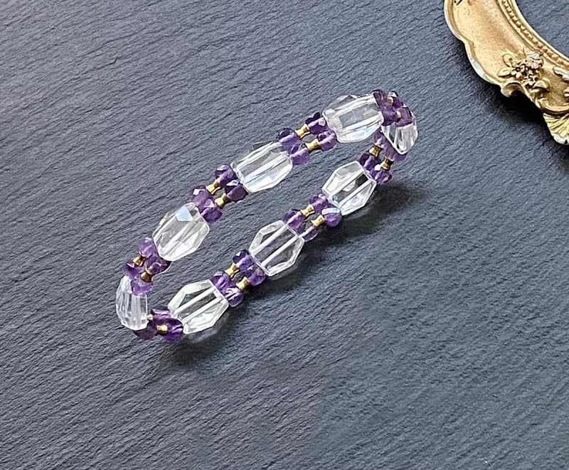 增強運勢 增智慧-立體切面白水晶x切面紫水晶黃銅手排 手環手鍊