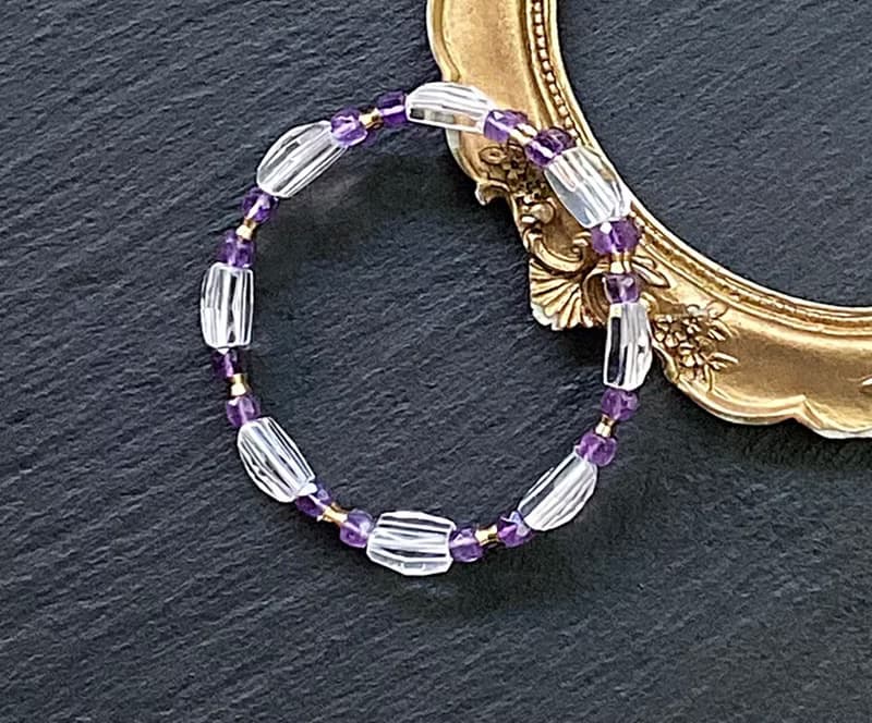 增強運勢 增智慧-立體切面白水晶x切面紫水晶黃銅手排 手環手鍊