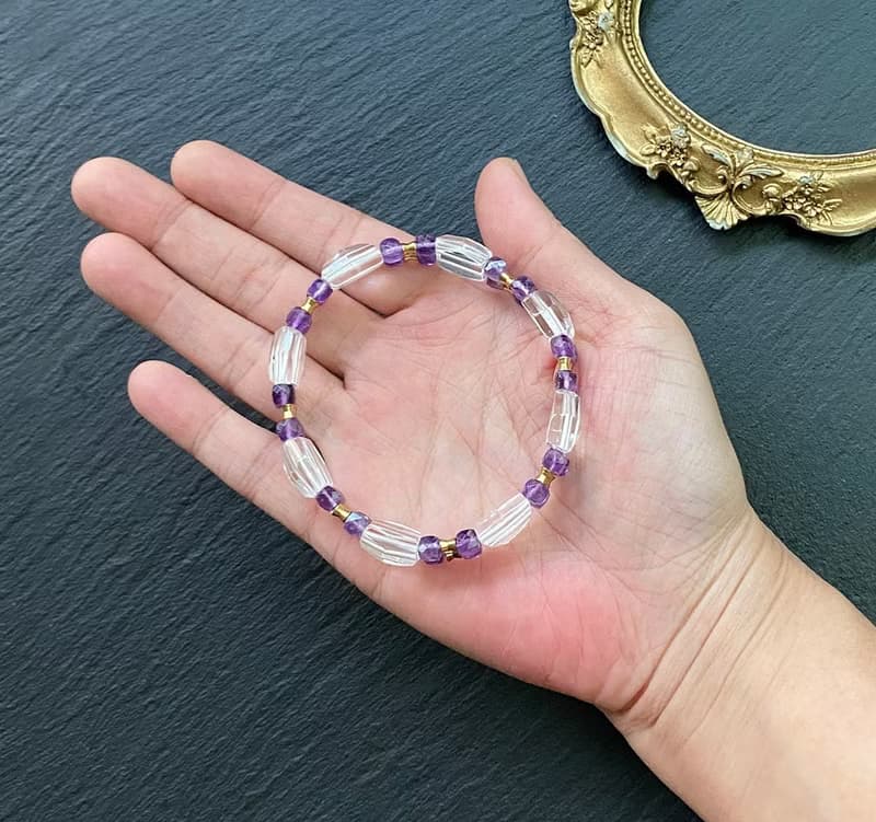 增強運勢 增智慧-立體切面白水晶x切面紫水晶黃銅手排 手環手鍊