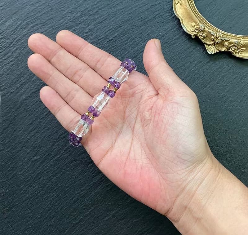 增強運勢 增智慧-立體切面白水晶x切面紫水晶黃銅手排 手環手鍊