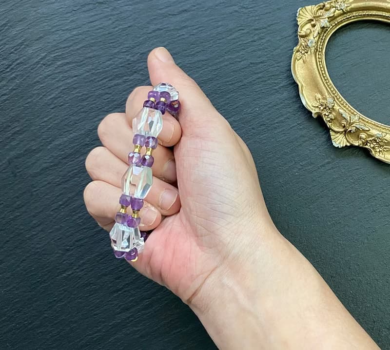 增強運勢 增智慧-立體切面白水晶x切面紫水晶黃銅手排 手環手鍊