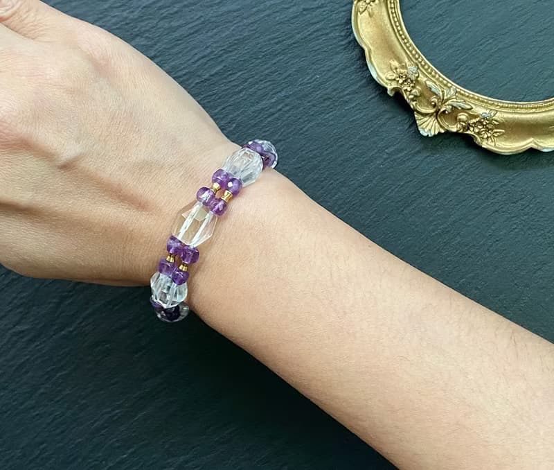 增強運勢 增智慧-立體切面白水晶x切面紫水晶黃銅手排 手環手鍊