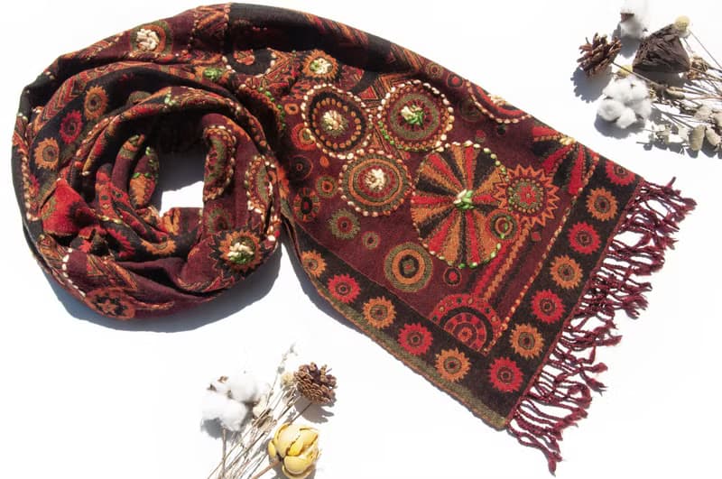 喀什米爾Cashmere/水煮羊毛披肩/針織圍巾/刺繡圍巾/羊絨披巾-花