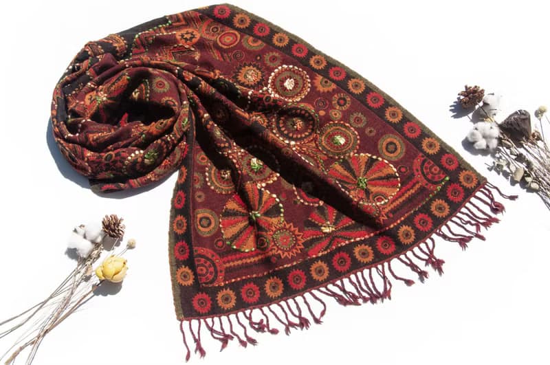 喀什米爾Cashmere/水煮羊毛披肩/針織圍巾/刺繡圍巾/羊絨披巾-花