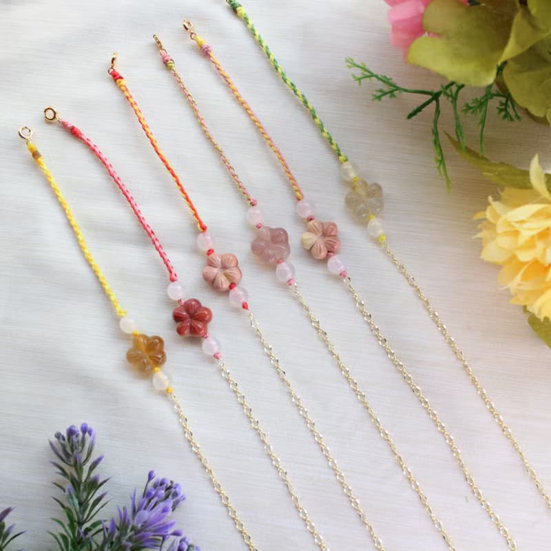 Six Cats 天然阿拉善 精雕櫻花 蠟繩編織 14K注金 手鍊 禮物