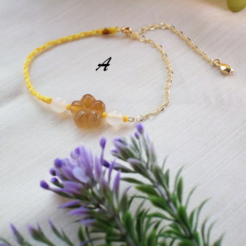 Six Cats 天然阿拉善 精雕櫻花 蠟繩編織 14K注金 手鍊 禮物