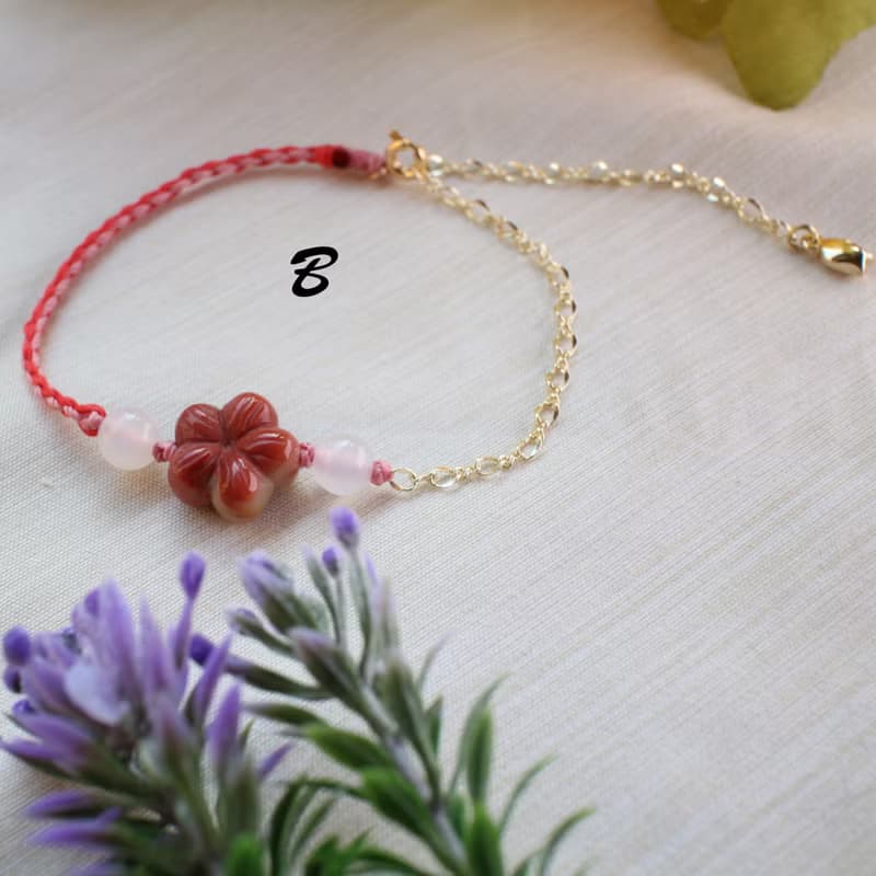 Six Cats 天然阿拉善 精雕櫻花 蠟繩編織 14K注金 手鍊 禮物