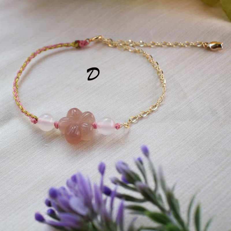 Six Cats 天然阿拉善 精雕櫻花 蠟繩編織 14K注金 手鍊 禮物