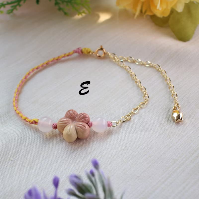 Six Cats 天然阿拉善 精雕櫻花 蠟繩編織 14K注金 手鍊 禮物