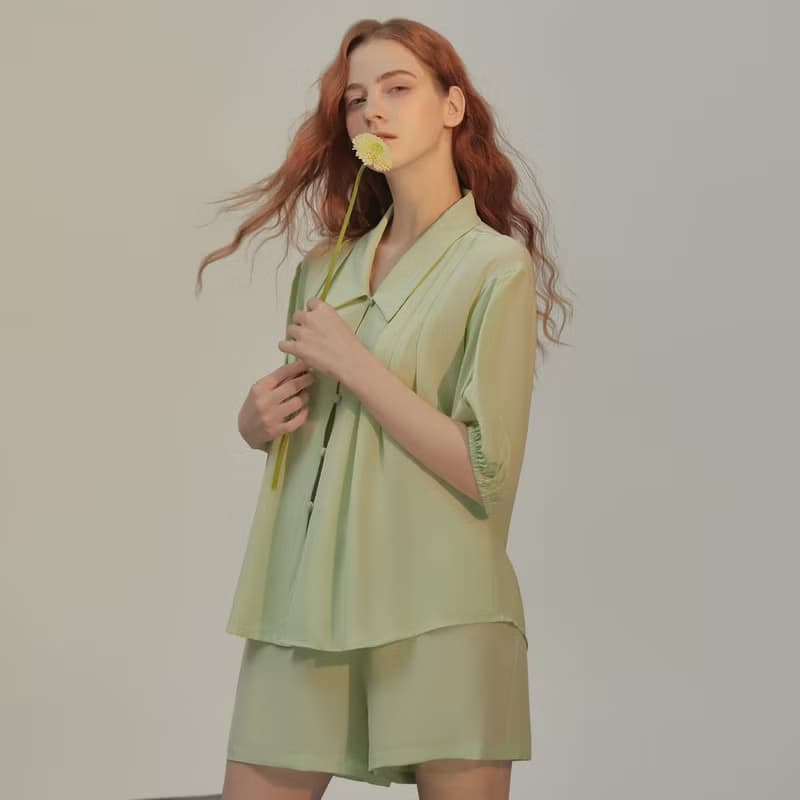 【換季特惠】真絲雙縐家居服四件套翻領真絲睡衣夏季女套裝送禮