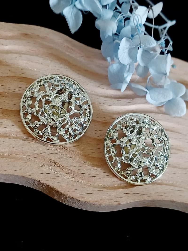 vintage jewelry  亮色簍空纏枝盤型 夾式耳環