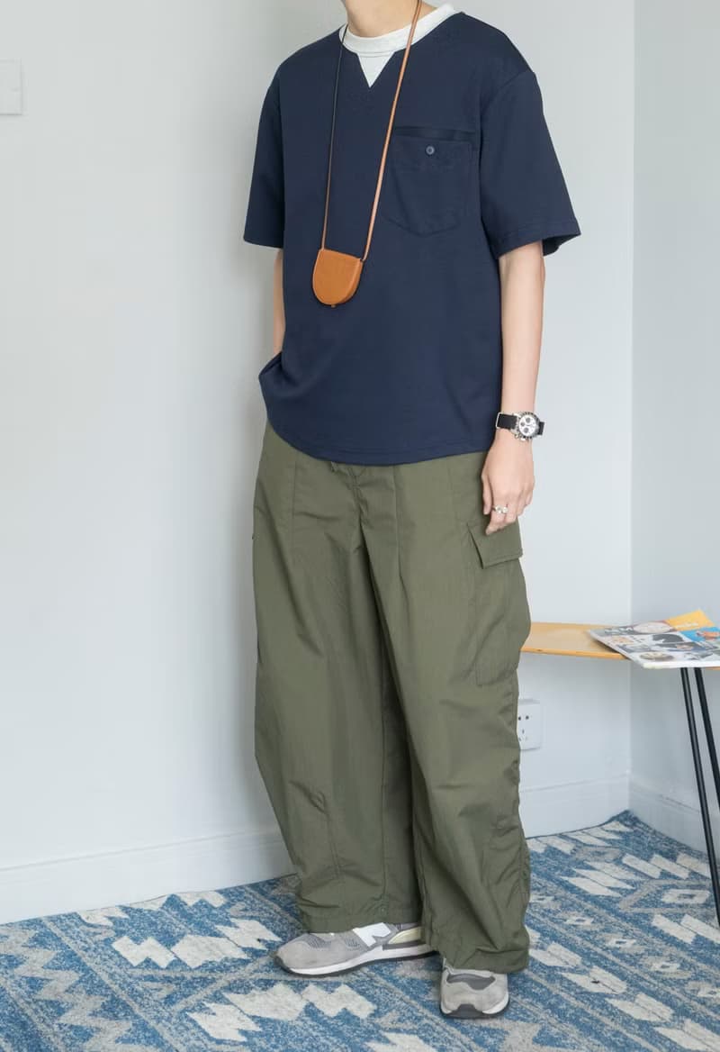 T-SHIRT 日系弧形下擺 拼接撞色螺紋圓領短袖T恤 寬松復古海軍藍