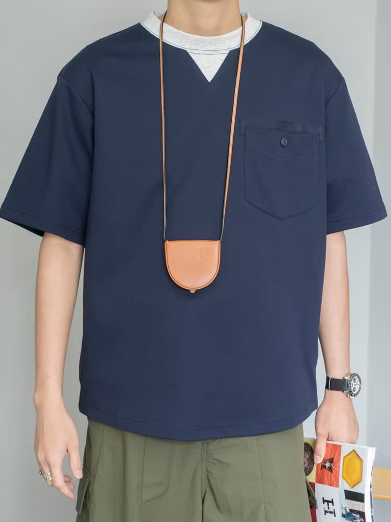 T-SHIRT 日系弧形下擺 拼接撞色螺紋圓領短袖T恤 寬松復古海軍藍