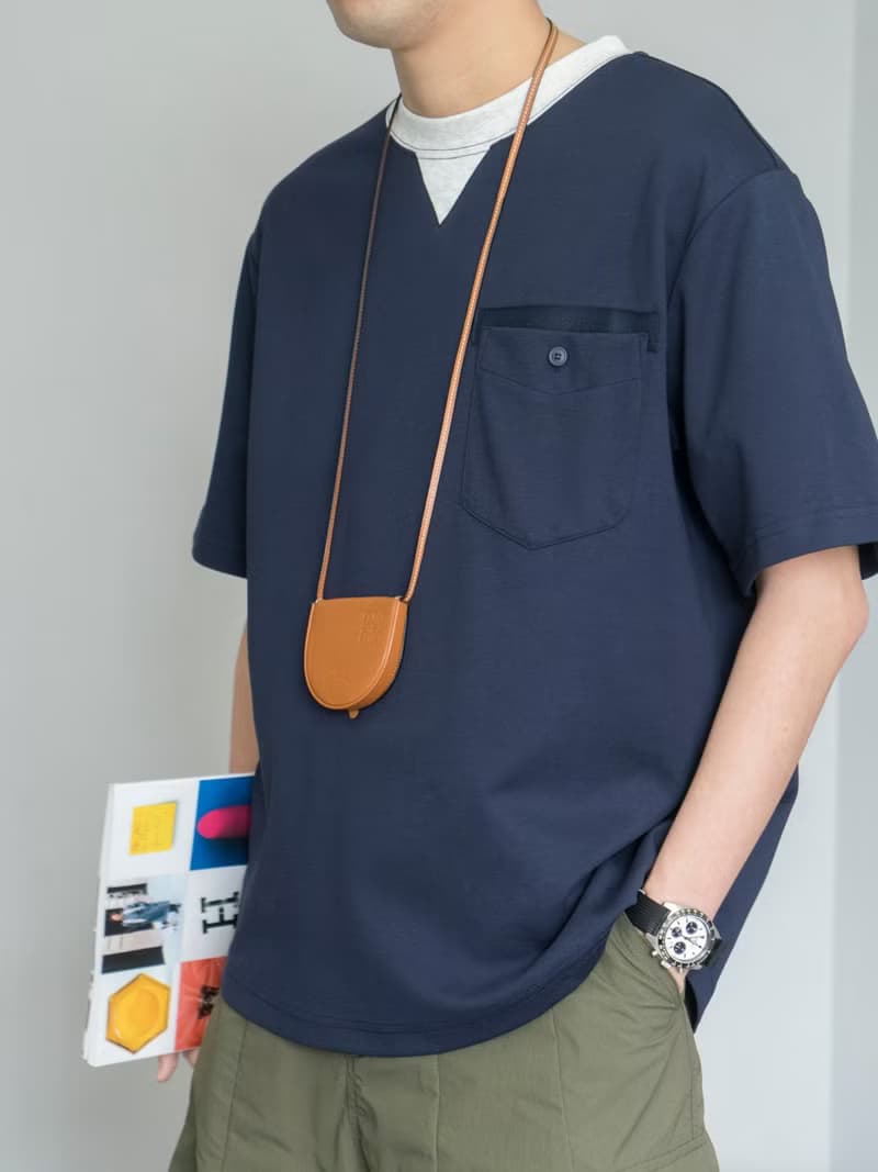 T-SHIRT 日系弧形下擺 拼接撞色螺紋圓領短袖T恤 寬松復古海軍藍