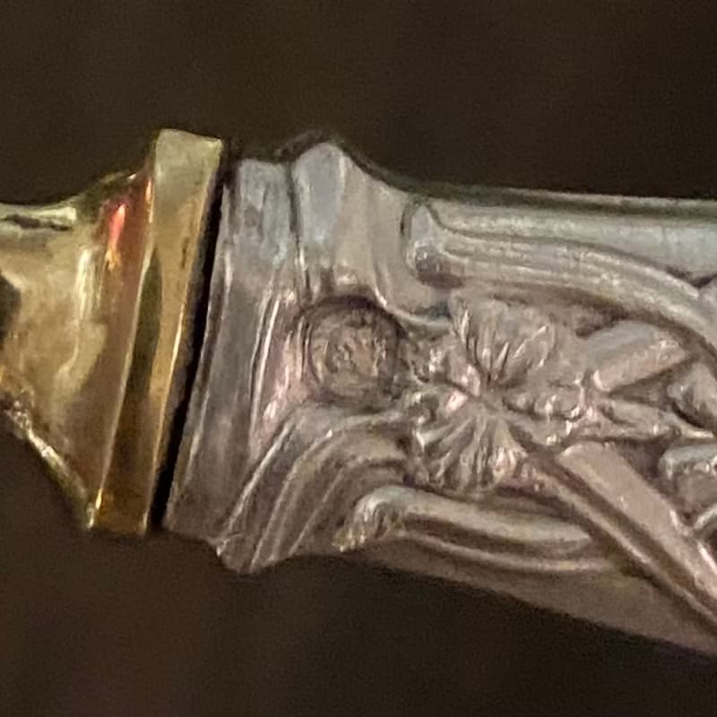 法國Art Nouveau時期花卉線條紋飾 纯銀柄黃銅蛋糕叉